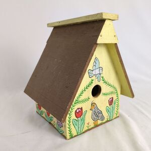 Vintage Folk Art 8" Wooden Birdhouse Hand Crafted & Painted Designs Birds Tulip